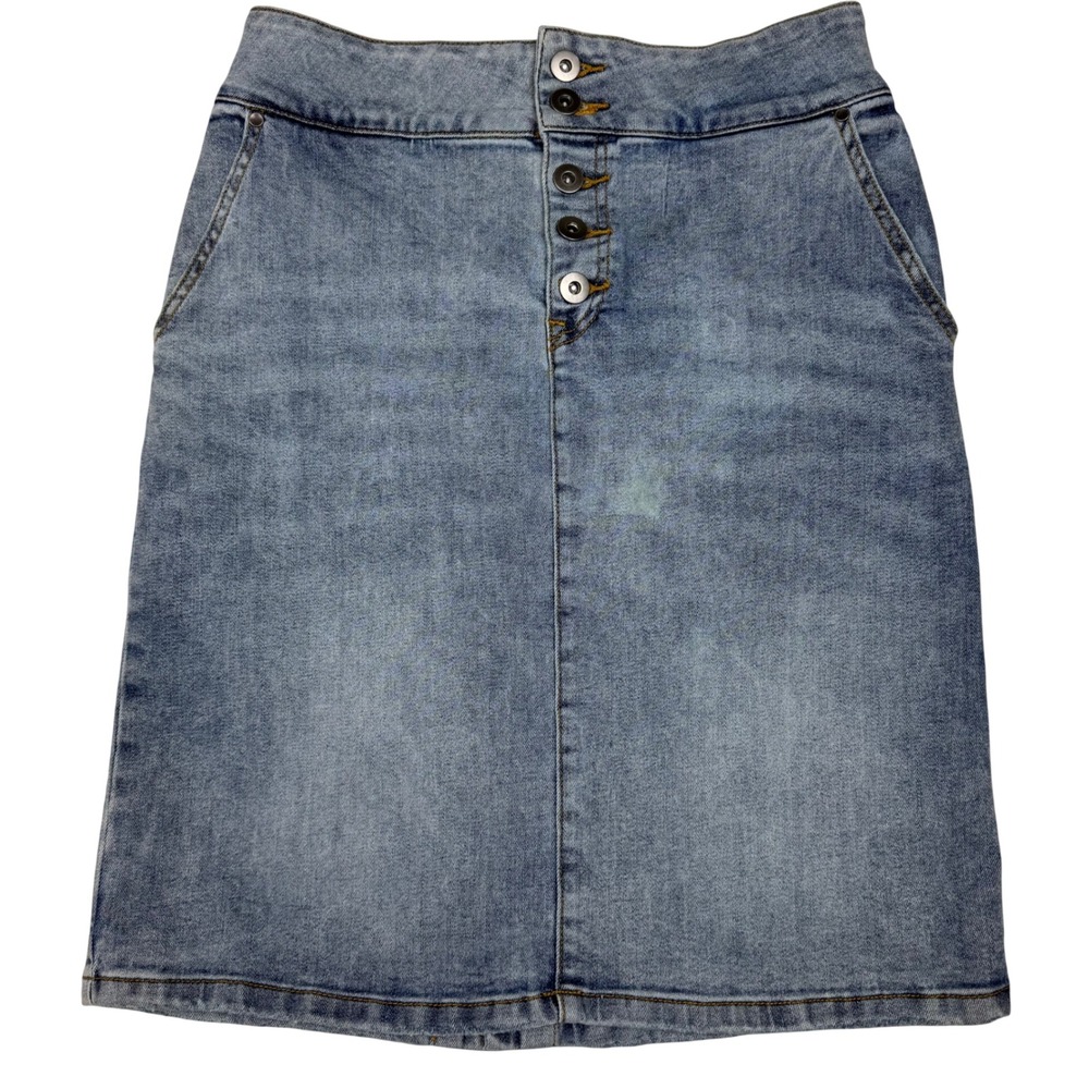 prAna Denim Mini Skirt Womens 6 Blue Button Fly Organic Cotton Blend Sustainable